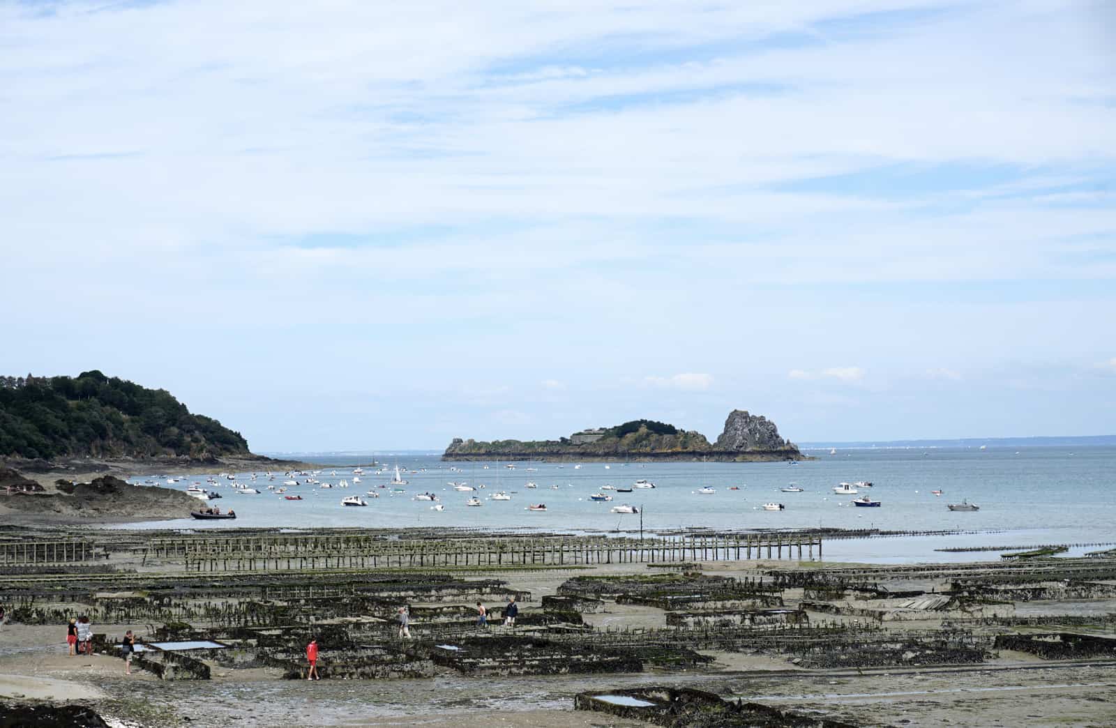 Le port de Cancale à marée basse et les parcs à huîtres