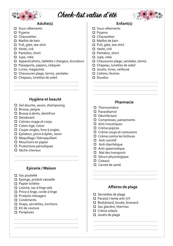 Organisation : La check-list des affaires de vacances d’été [Printable] - Liste valise à imprimer