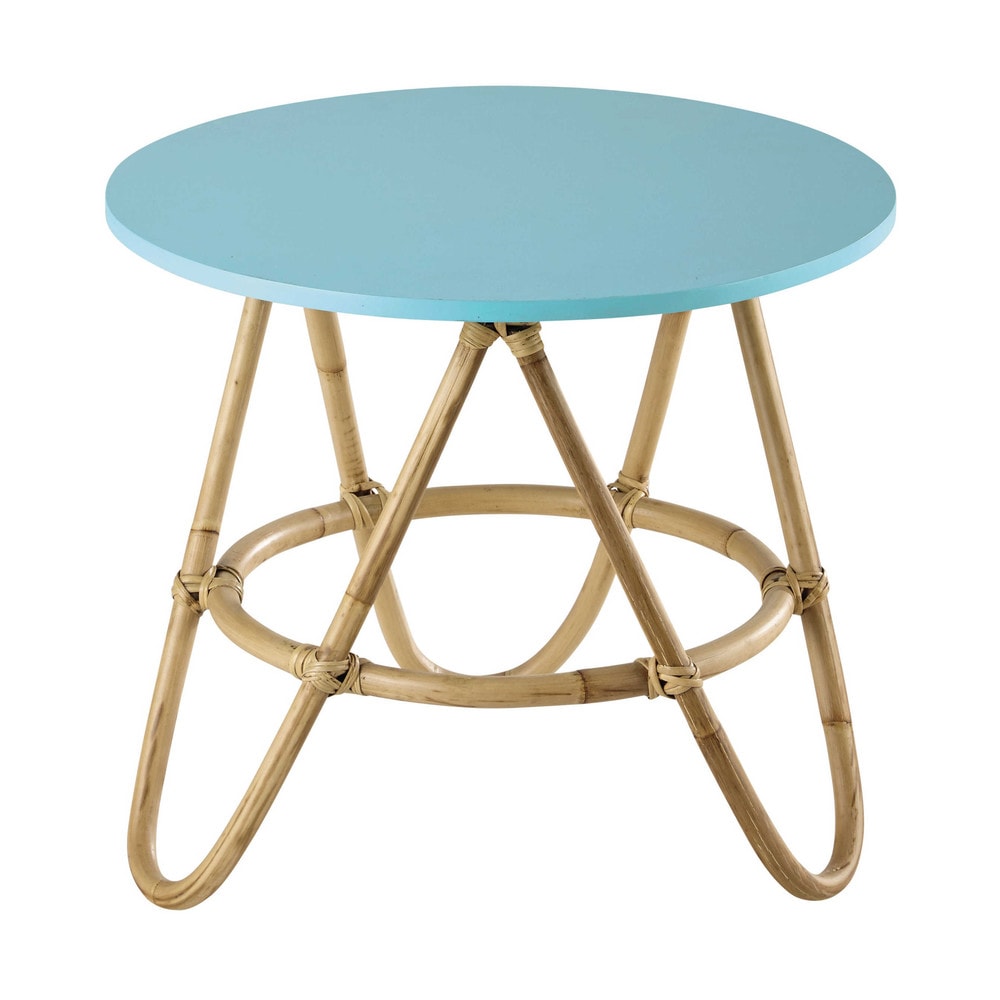 Table basse ronde en rotin bleu