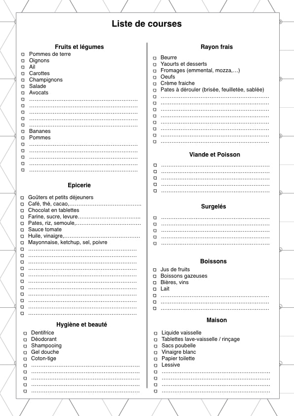 Menu de la semaine vierge à imprimer avec liste de courses