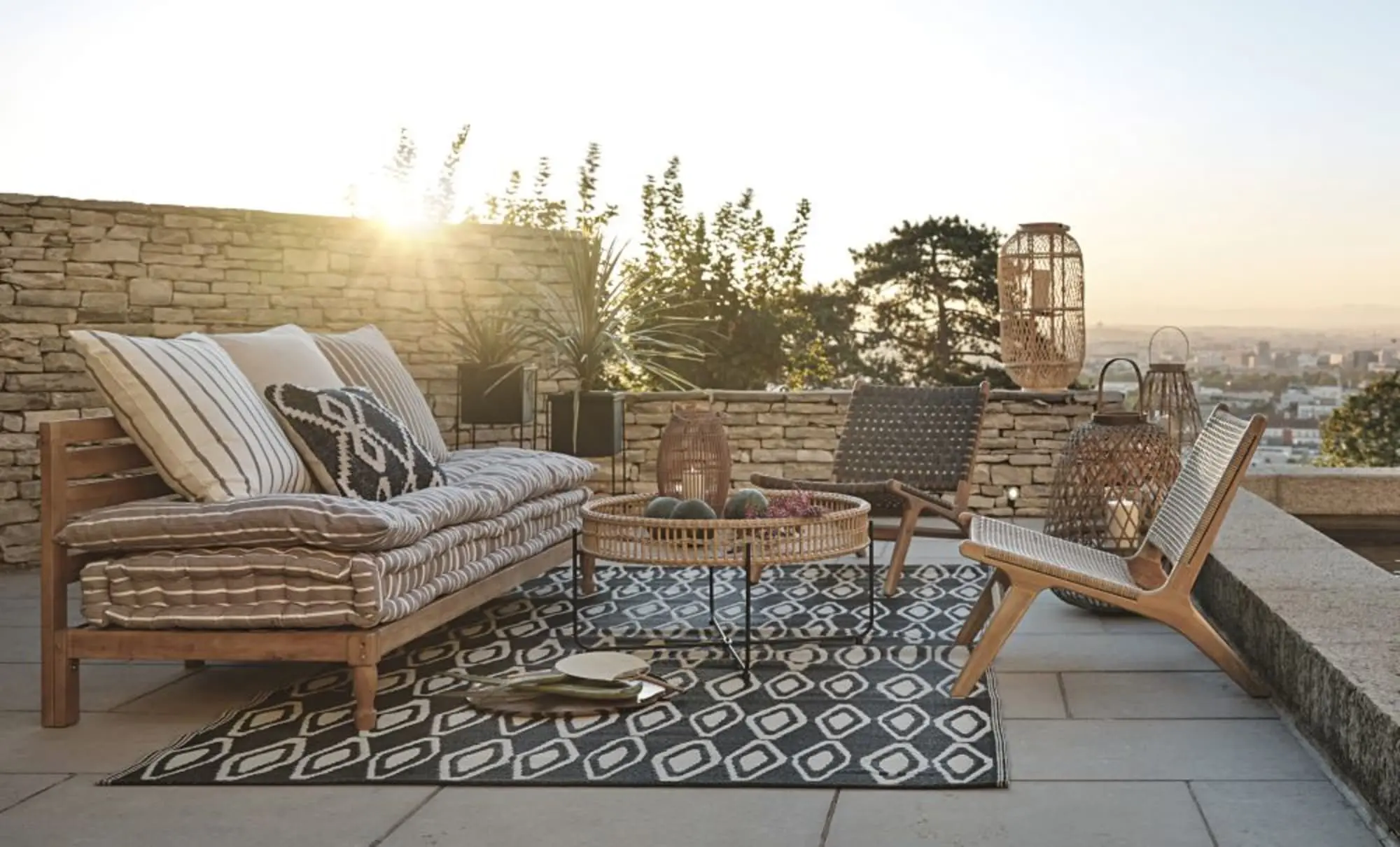 Banquette de jardin places en acacia massif vieilli