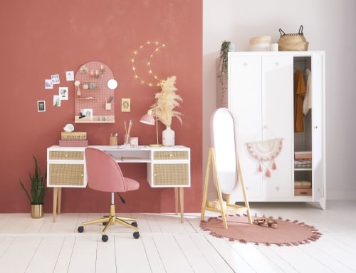 bureau bicolore portes tiroirs cannage en rotin