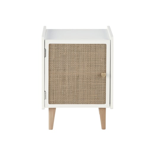table de chevet porte en pin et cannage en rotin