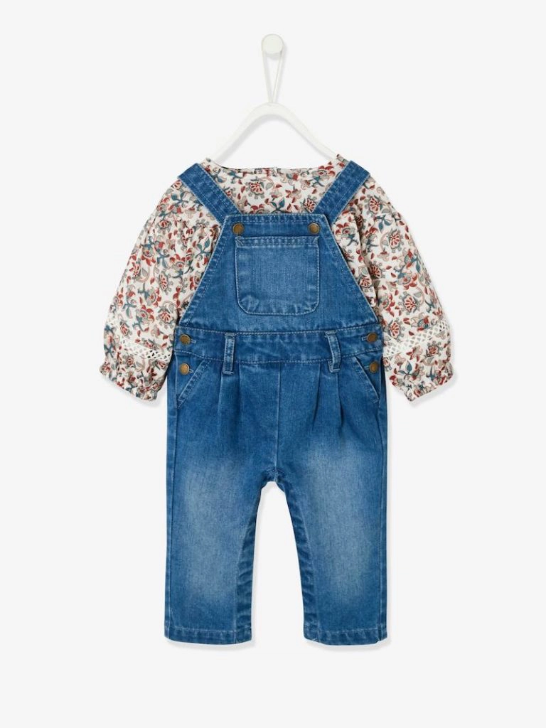 ensemble blouse et salopette en denim bebe