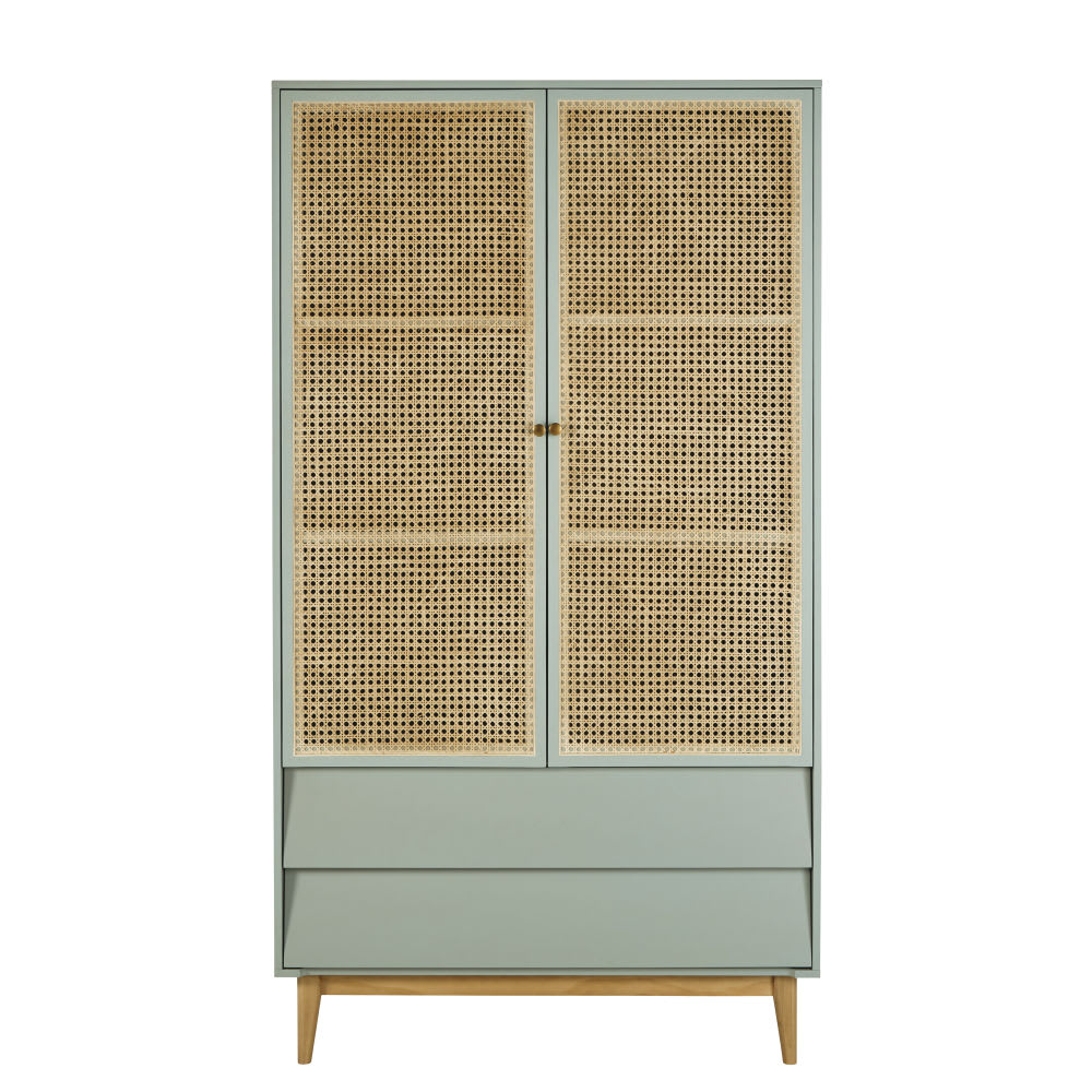 armoire portes tiroirs bleu gris cannage en rotin
