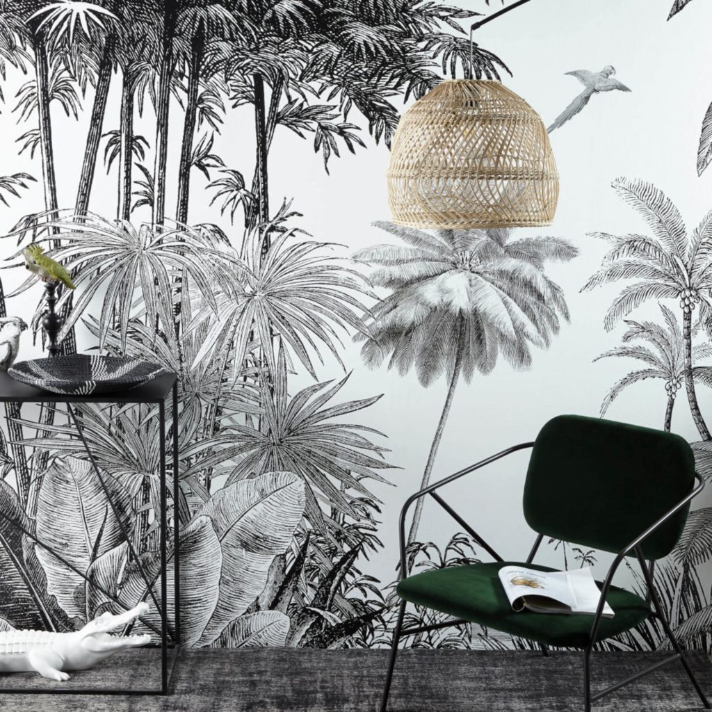 papier peint intisse imprime jungle noir et blanc