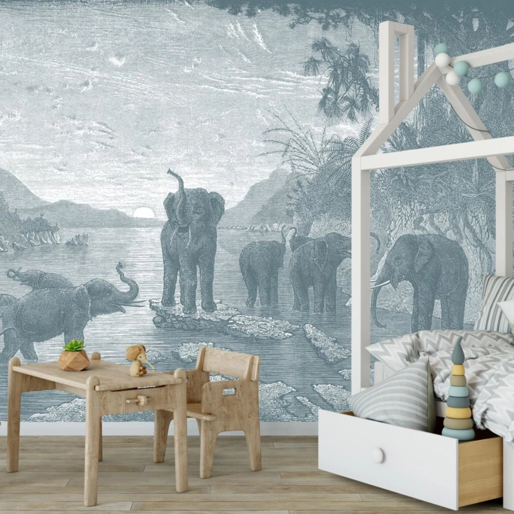 papier peint panoramique gravure les elephants xcm