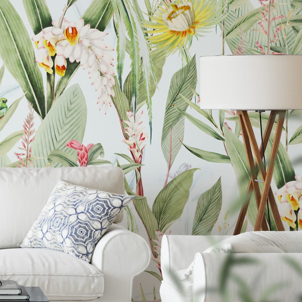 papier peint panoramique motifs fleurs jardin tropical blanc xcm