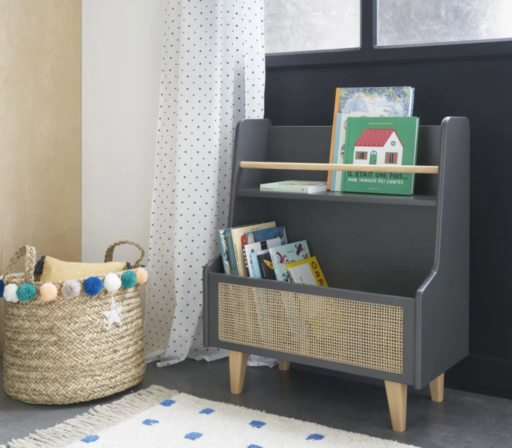 bibliotheque bebe gris anthracite et cannage en rotin