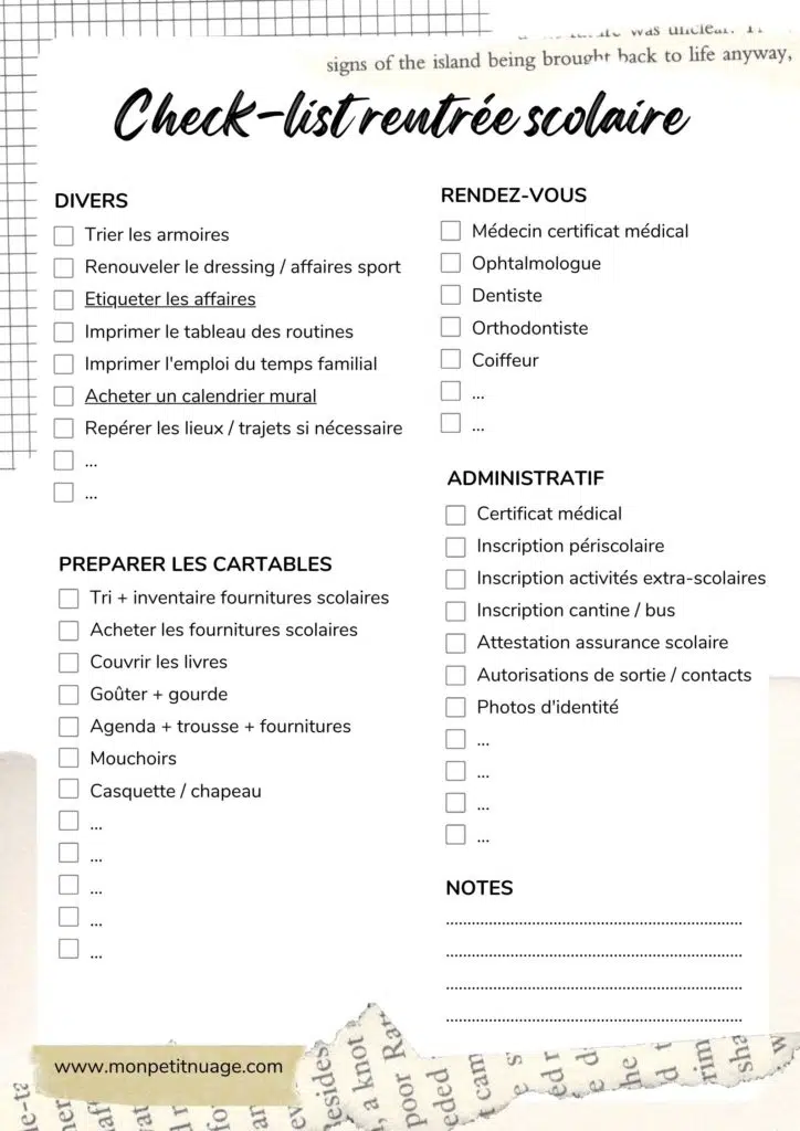 Checklist rentree scolaire septembre