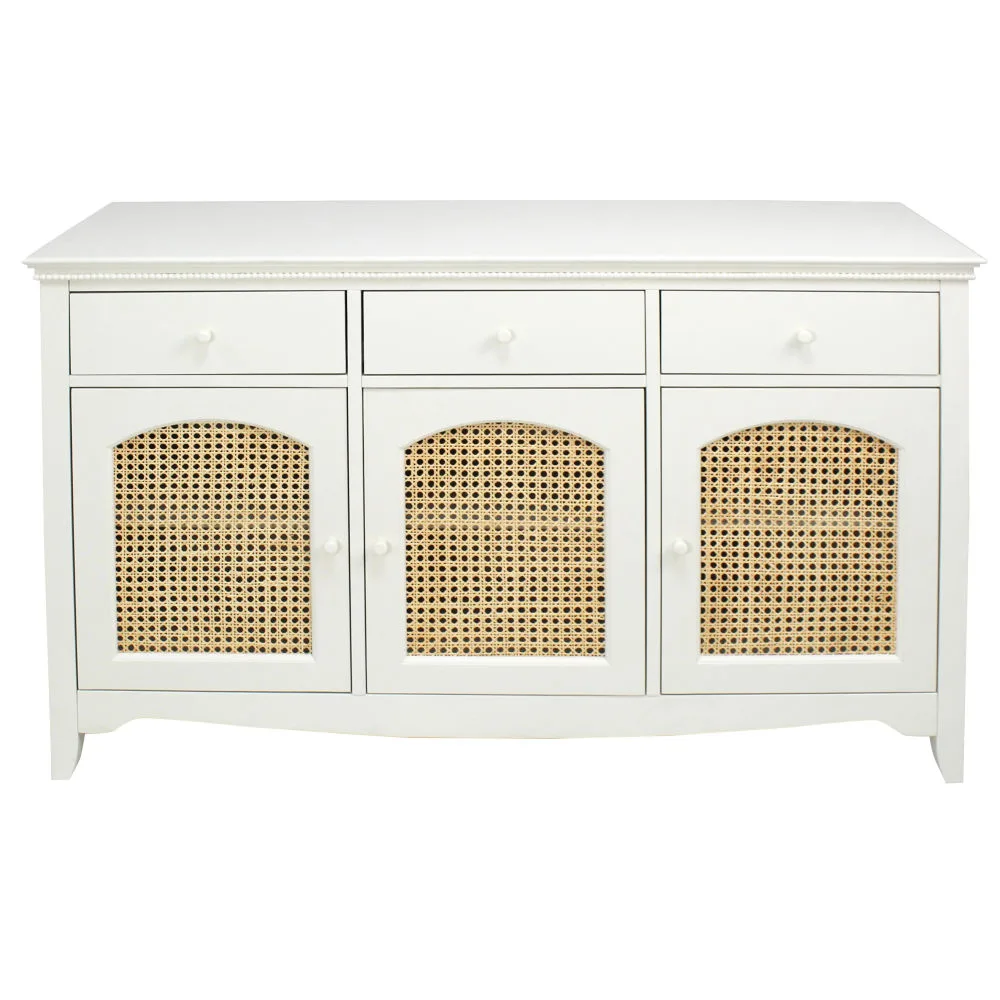 buffet enfilade en cannage portes et tiroirs blanc casse