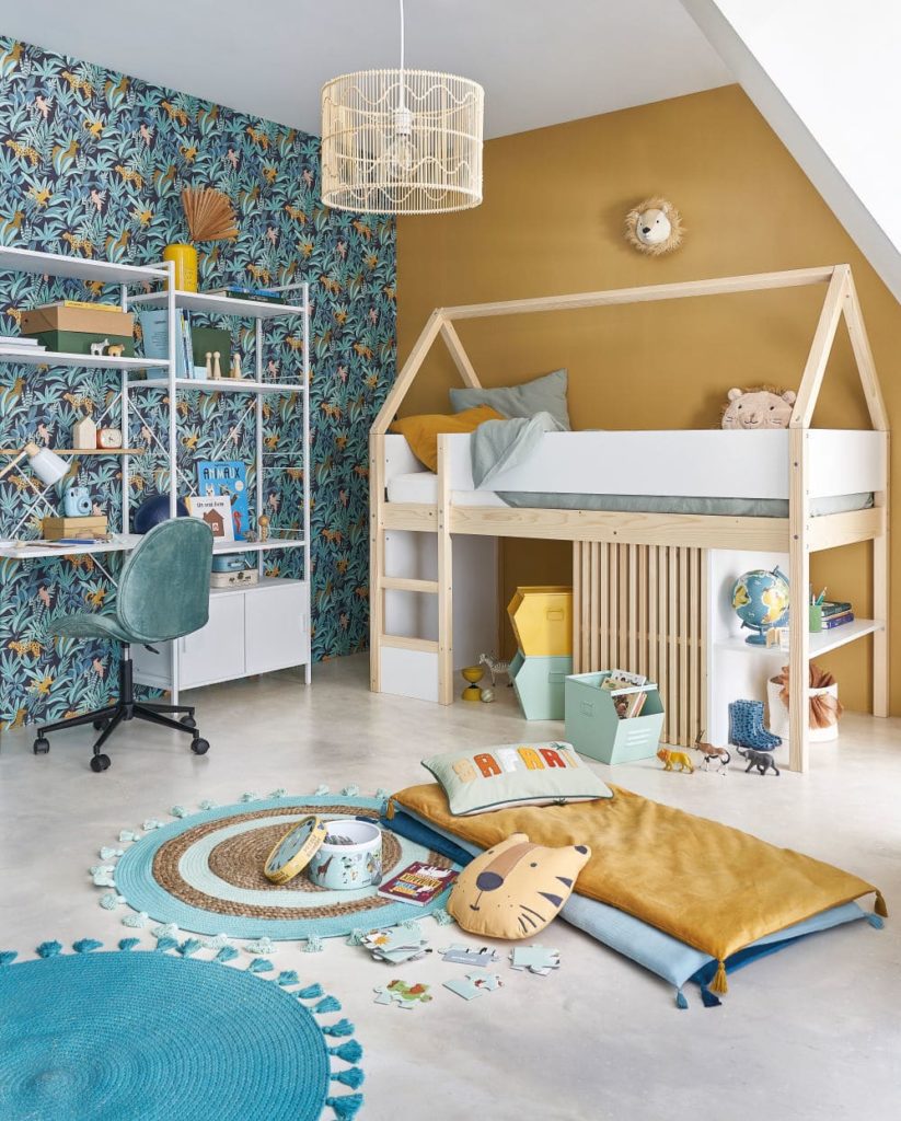 lit cabane sureleve enfant x blanc et beige