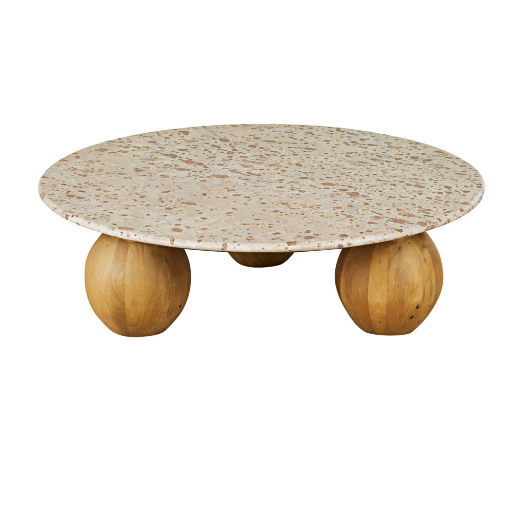 table basse ronde en terrazzo et bois de manguier massif d