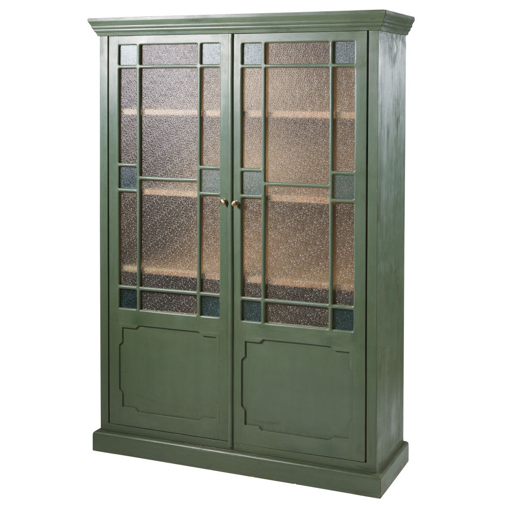 vitrine portes en acacia massif vert et verre granite
