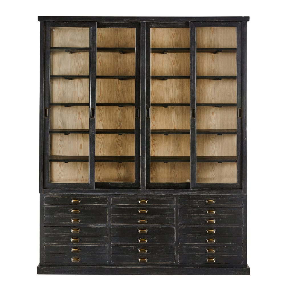 vitrine portes tiroirs en pin recycle noir