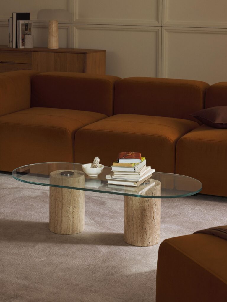table basse travertin plateau verre