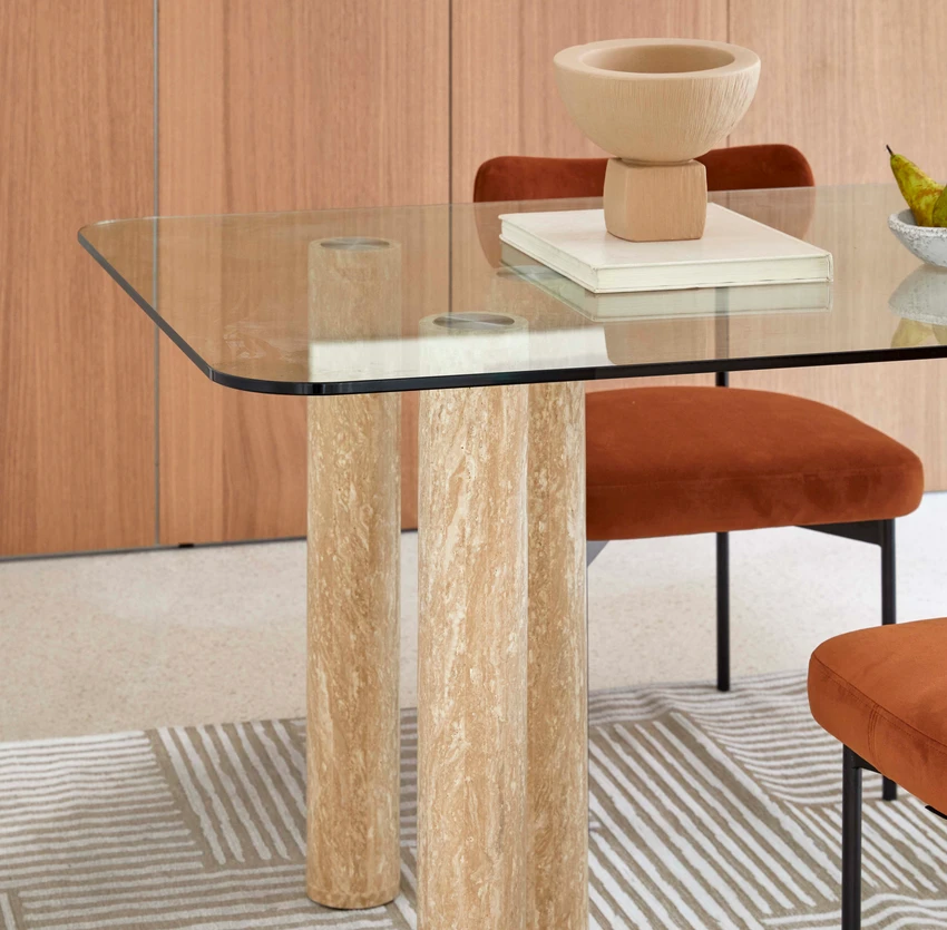 table travertin plateau verre