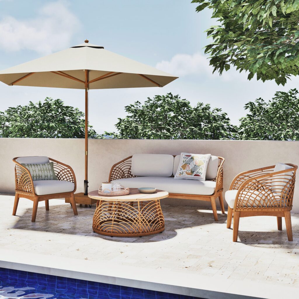 salon de jardin places en bois d acacia resine tressee recyclee et coussins en polyester recycle ecru