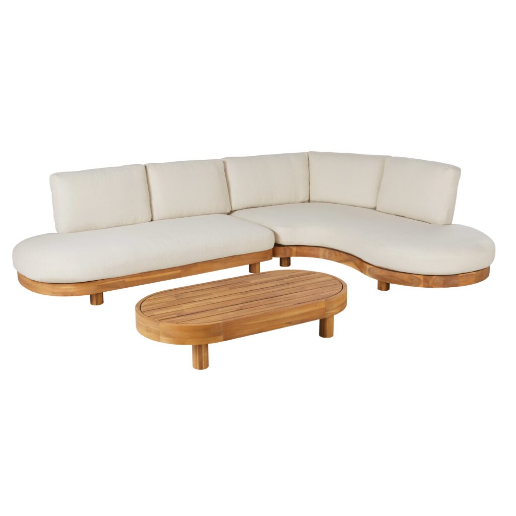 salon de jardin maisons du monde places en bois d acacia et coussins bouclette en polyester recycle ecru