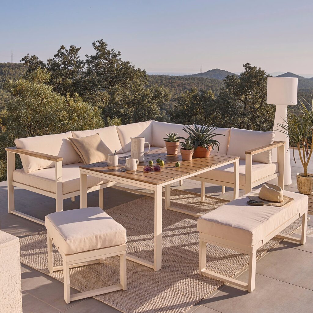 salon de jardin places en aluminium et polyester recycle beige