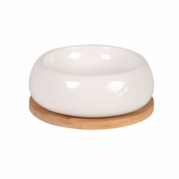 gamelle pour chat en gres blanc casse et bambou