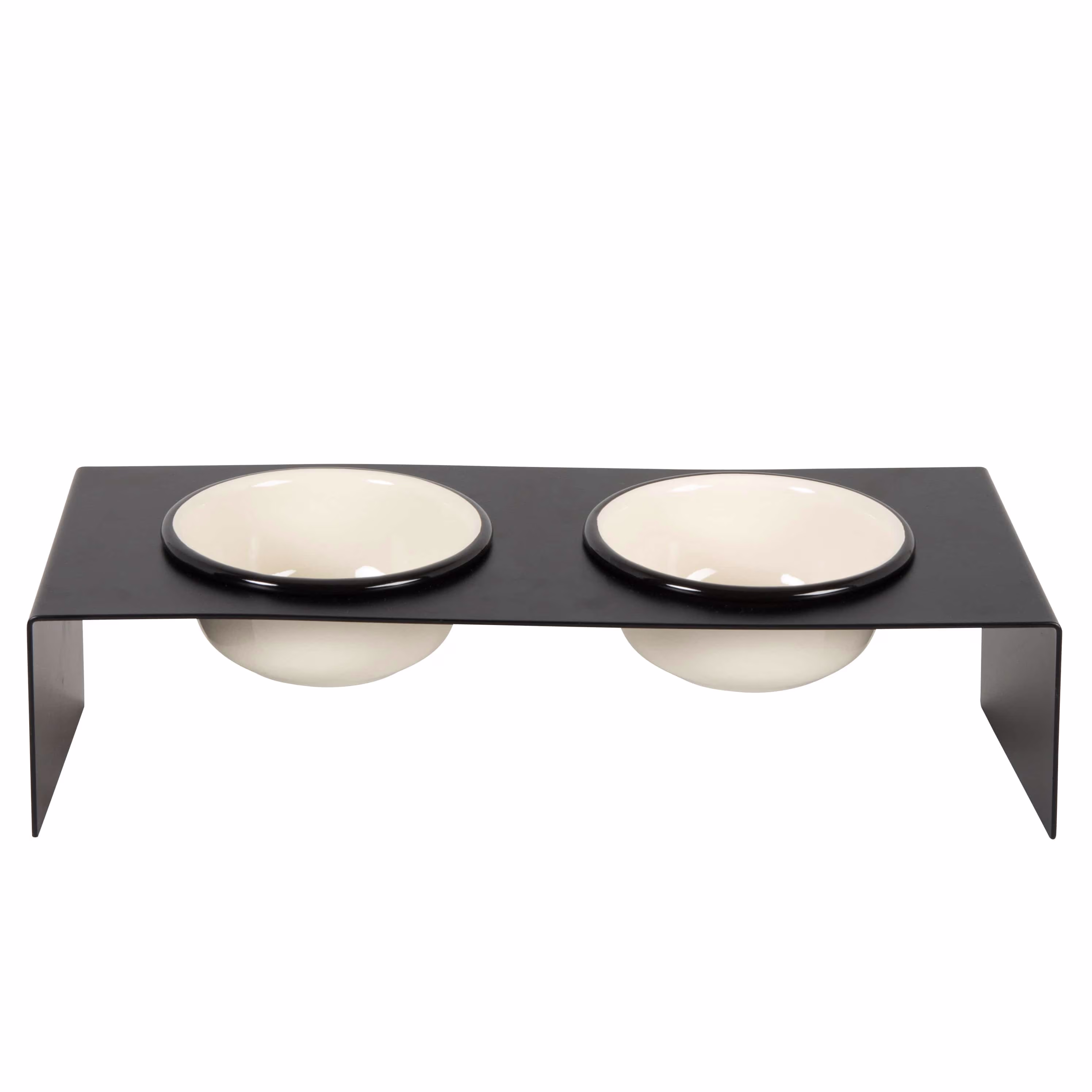 gamelles en ceramique noire et blanche x et support en metal noir