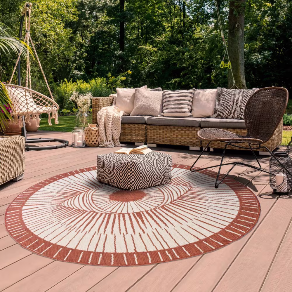 tapis rond d exterieur kilim reversible terracota et creme oe cm