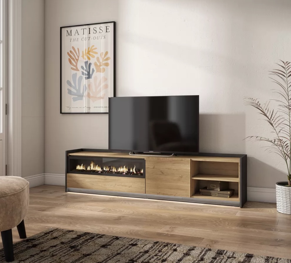 meuble tv banc tele cheminee electrique led